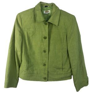 Talbots Irish Linen Blazer Jacket Women Size 10P Green Button Up Long Sleeve